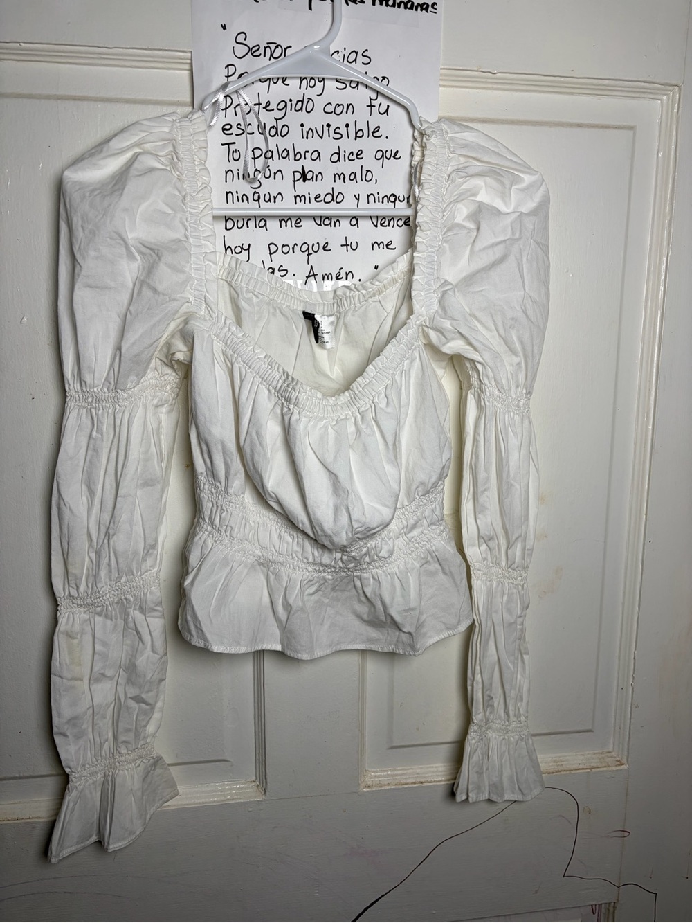 H&M White Ruched Square-Neck Peasant Blouse